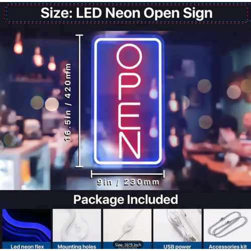 LED OPEN Neon Sign Light, 16.5 * 9 In, Neon Sign Light USB Powered, With Dimmable Switches, Multipurpose Decorative Wall Mounted Lights Vertical