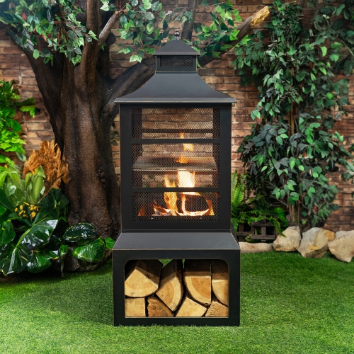 Deko Living 26" Square Outdoor Steel Wood Burning Fireplace with Cast Iron Cooking Grill, Log Storage and Poker