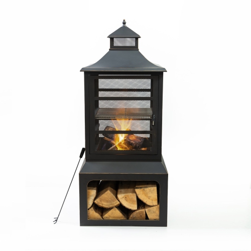 Foyer à bois carré d'extérieur en acier de 26 po de Deko Living avec grille de cuisson en fonte, rangement pour bûches et tisonnier