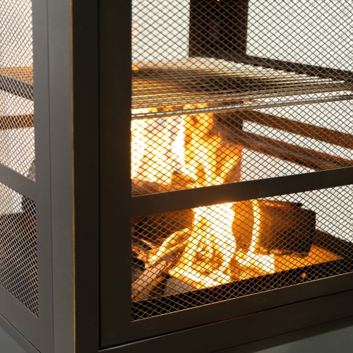 Foyer à bois carré d'extérieur en acier de 26 po de Deko Living avec grille de cuisson en fonte, rangement pour bûches et tisonnier