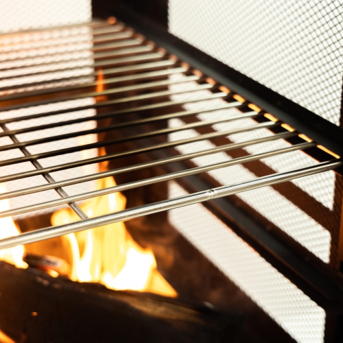 Foyer à bois carré d'extérieur en acier de 26 po de Deko Living avec grille de cuisson en fonte, rangement pour bûches et tisonnier