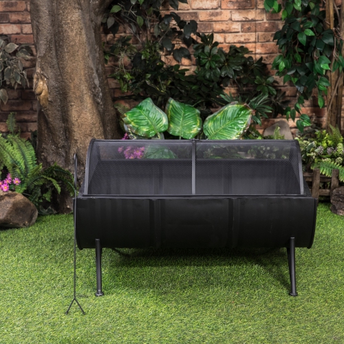 Deko Living 35 Inch Rectangular Outdoor Metal Wood Burning Barrel Firepit with Screen Lid and Poker