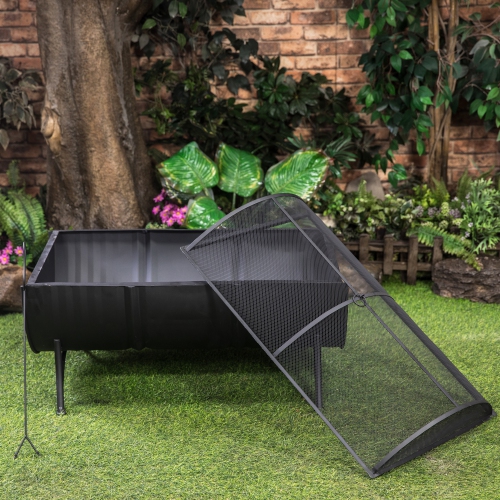 Deko Living 35 Inch Rectangular Outdoor Metal Wood Burning Barrel Firepit with Screen Lid and Poker