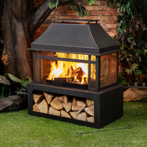 Deko Living 40 Inch Rectangular Outdoor Metal Wood Burning Fireplace with Log Storage and Poker