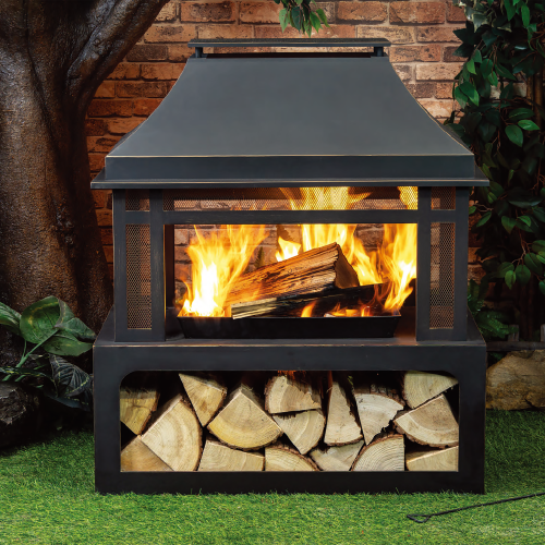 Deko Living 40 Inch Rectangular Outdoor Metal Wood Burning Fireplace with Log Storage and Poker