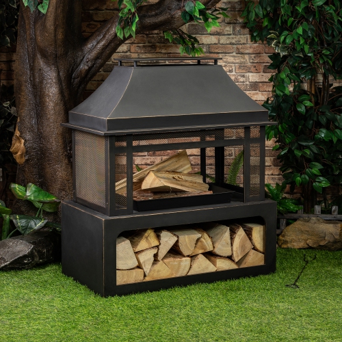 Deko Living 40 Inch Rectangular Outdoor Metal Wood Burning Fireplace with Log Storage and Poker