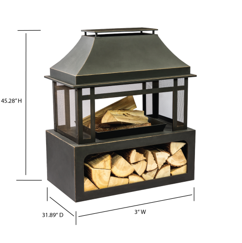 Deko Living 40 Inch Rectangular Outdoor Metal Wood Burning Fireplace with Log Storage and Poker