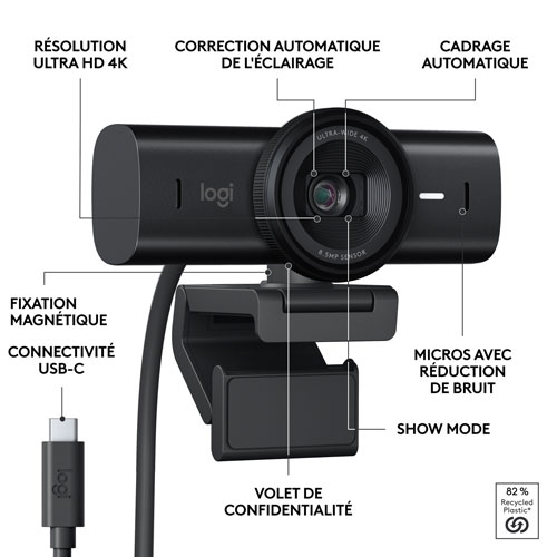 Caméra Web Ultra HD 4K MX Brio de Logitech - Noir