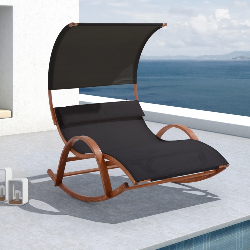 DEKO LIVING  Outdoor Cedar Wood Chaise Lounge Daybed With Textilene Fabric And Canopy In Black