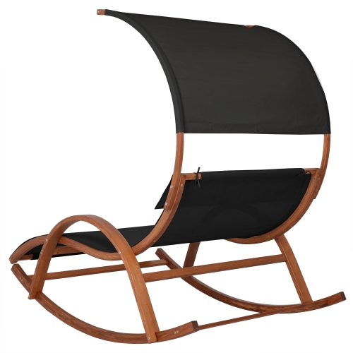 Deko Living Outdoor Cedar Wood Chaise Lounge Daybed with Black Textilene Fabric and Canopy