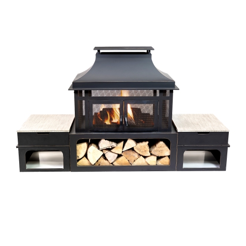 Deko Living 80 Inch Rectangular Outdoor Steel Wood Burning Fireplace with Log Storage, Poker and Side Tables
