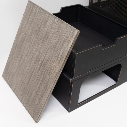 Deko Living 80 Inch Rectangular Outdoor Steel Wood Burning Fireplace with Log Storage, Poker and Side Tables