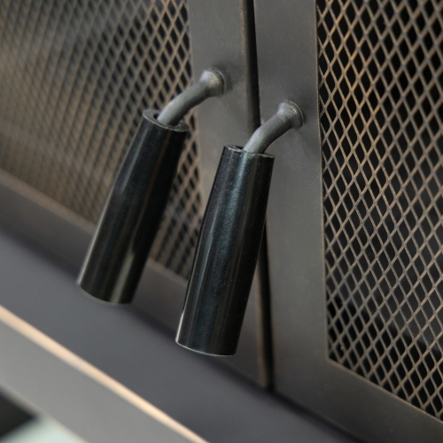 Deko Living 80 Inch Rectangular Outdoor Steel Wood Burning Fireplace with Log Storage, Poker and Side Tables