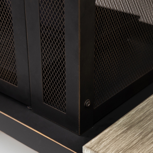 Deko Living 80 Inch Rectangular Outdoor Steel Wood Burning Fireplace with Log Storage, Poker and Side Tables