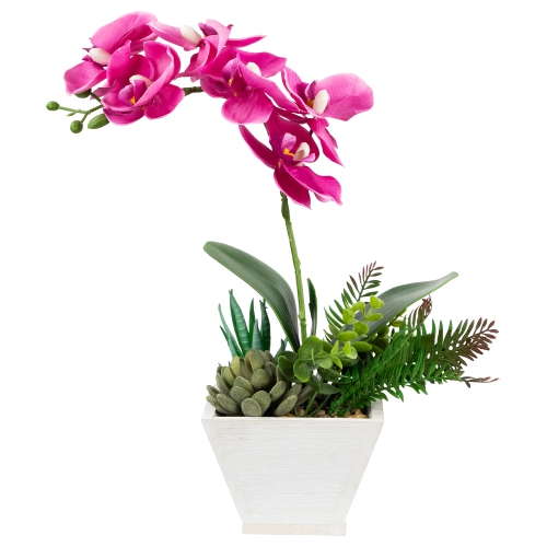 NORTHLIGHT  Artificial Orchid With Succulent Plants - 13" - Dark In Pink