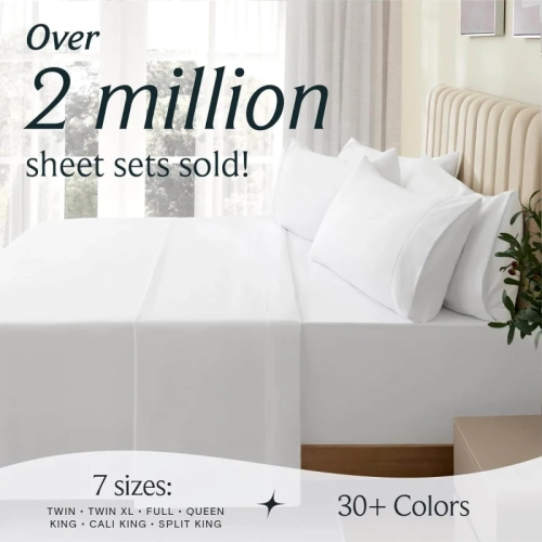 6 PC Queen Sheet Set | Bamboo Bed Sheets | Deep Pockets 18" | Eco Friendly Cooling | Wrinkle Free | Machine Washable | Silky Soft - White Queen