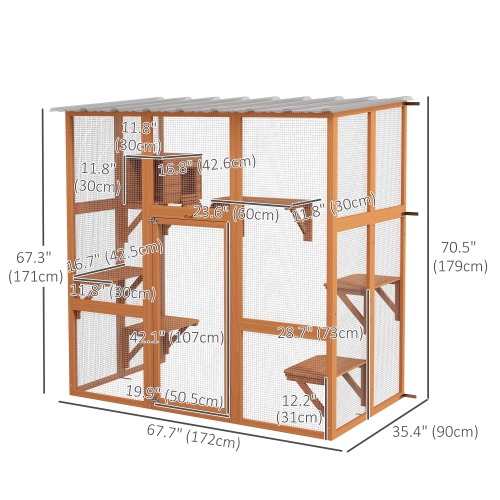 PawHut – Housse pour chats d'extérieur Catio, grande maison en bois de 71 po avec condo, plateformes de saut, pont, toit étanche, cage à chatons