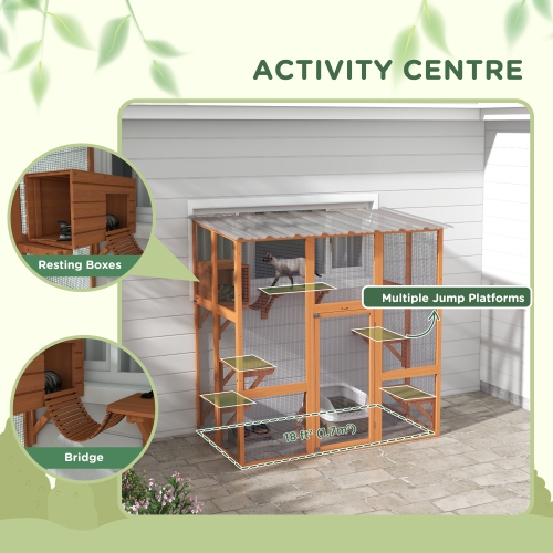 PawHut – Housse pour chats d'extérieur Catio, grande maison en bois de 71 po avec condo, plateformes de saut, pont, toit étanche, cage à chatons