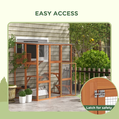 PawHut – Housse pour chats d'extérieur Catio, grande maison en bois de 71 po avec condo, plateformes de saut, pont, toit étanche, cage à chatons