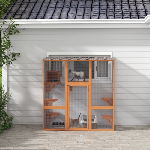 PawHut – Housse pour chats d'extérieur Catio, grande maison en bois de 71 po avec condo, plateformes de saut, pont, toit étanche, cage à chatons