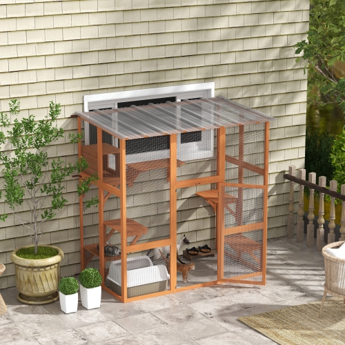 PawHut – Housse pour chats d'extérieur Catio, grande maison en bois de 71 po avec condo, plateformes de saut, pont, toit étanche, cage à chatons