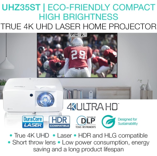 Optoma UHZ35ST 3500-Lumen UHD 4K Short-Throw Laser Projector - White