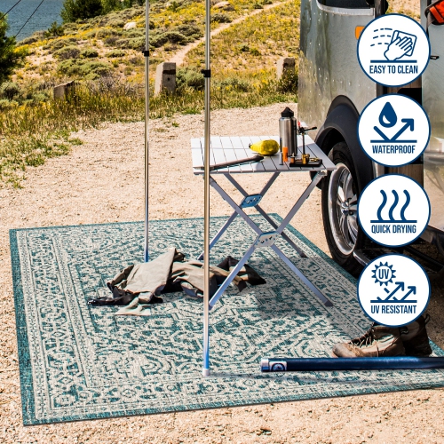 Tapis d'intérieur/d'extérieur Sinjuri à motif de médaillon texturé