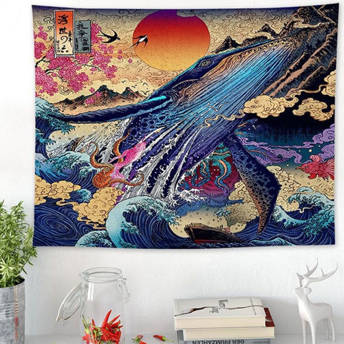 3D Wall Tapestry Great Japanese Sea Ocean Wave Whale Sunset Wall Hanging Blanket Home Living Room Decor