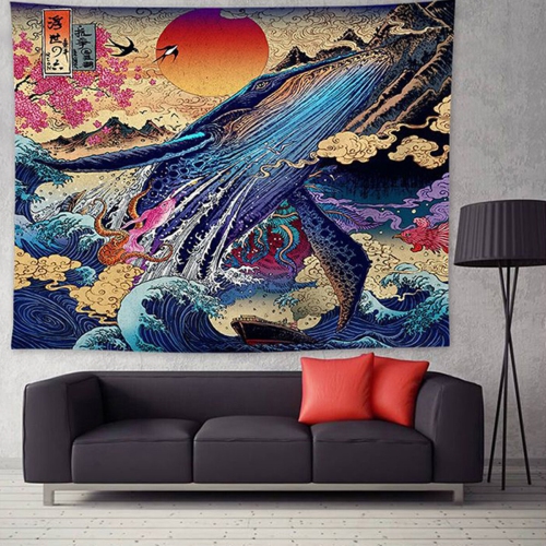 3D Wall Tapestry Great Japanese Sea Ocean Wave Whale Sunset Wall Hanging Blanket Home Living Room Decor