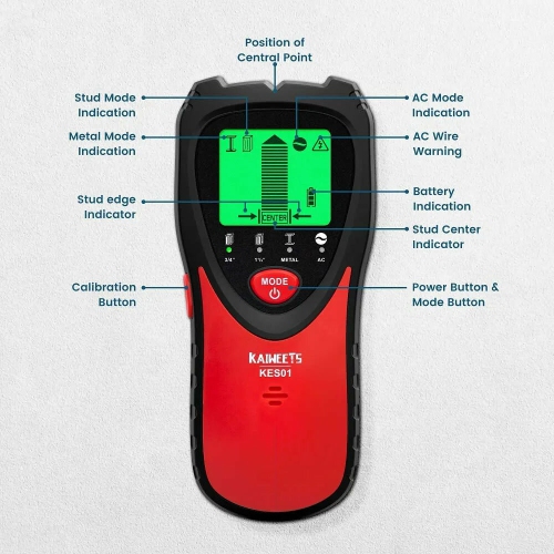 US eu Direct KAIWEETS KES01 détecteur de montants à balayage mural avec rétroéclairage tricolore 5-en-1 pour les fils CA en bois métallique priorité