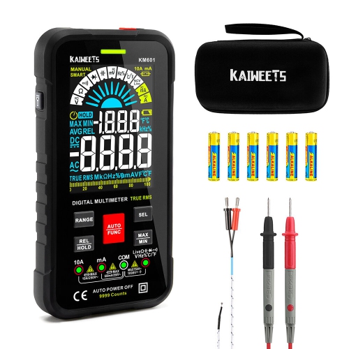 EU Direct KAIWEETS KM601 Digital Multimeter Smart & Manual Mode Large 3.54-inch Display Fuse Overload Protection Real-Time Temperature Measurement