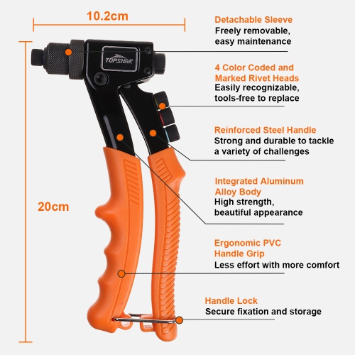 TOPSHAK RG1 Rivet Gun Kit with 80 Pcs Rivets Anti-slip Hand Riveter 4 Sizes of Rivet Heads Attached Professional Durable Single Hand