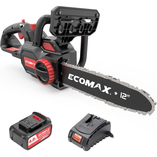 Ecomax ELG05 Cordless Chainsaw - 12-Inch 18V Electric Saw with Double Safety Switch for Wood Cutting