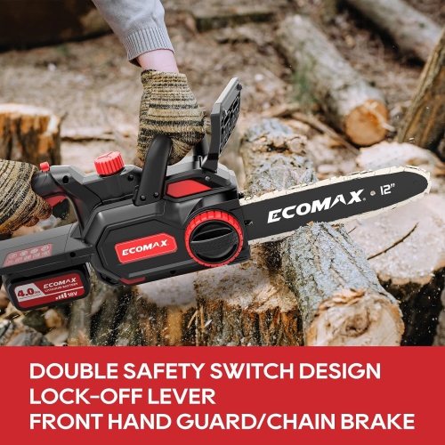 Ecomax ELG05 Cordless Chainsaw - 12-Inch 18V Electric Saw with Double Safety Switch for Wood Cutting