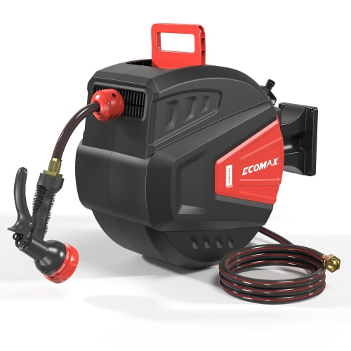 Dévidoir de tuyau d'arrosage rétractable ECOMAX ELG01, en PVC robuste 100&nbsp;pi, monté au mur avec buse à 9 réglages et longueur de verrouillage