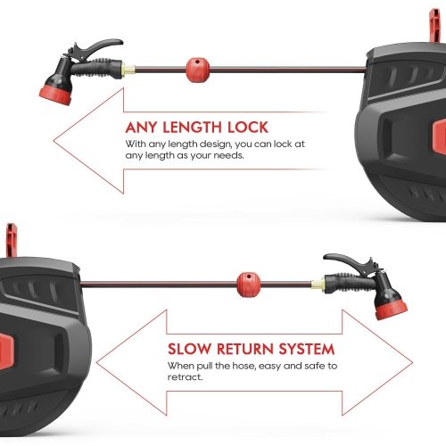 Dévidoir de tuyau d'arrosage rétractable ECOMAX ELG01, en PVC robuste 100&nbsp;pi, monté au mur avec buse à 9 réglages et longueur de verrouillage
