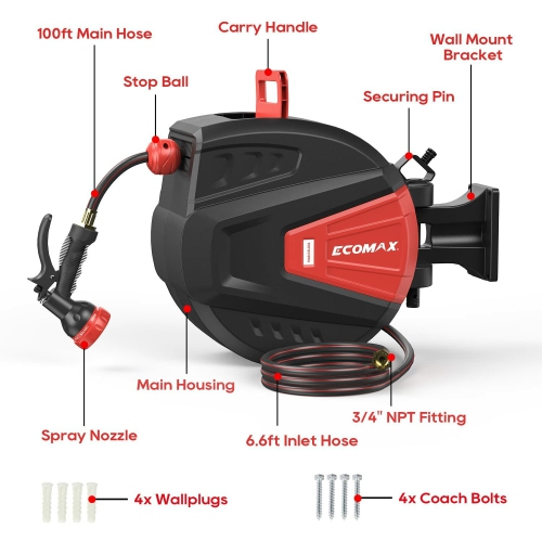 Dévidoir de tuyau d'arrosage rétractable ECOMAX ELG01, en PVC robuste 100&nbsp;pi, monté au mur avec buse à 9 réglages et longueur de verrouillage