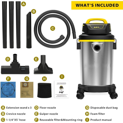 [USA Direct] SL18129 Wet/Dry Vacuum 4 Gallon 4 Peak HP Stainless Steel Tank Powerful Suction Portable Shop Vacuum with Accessories
