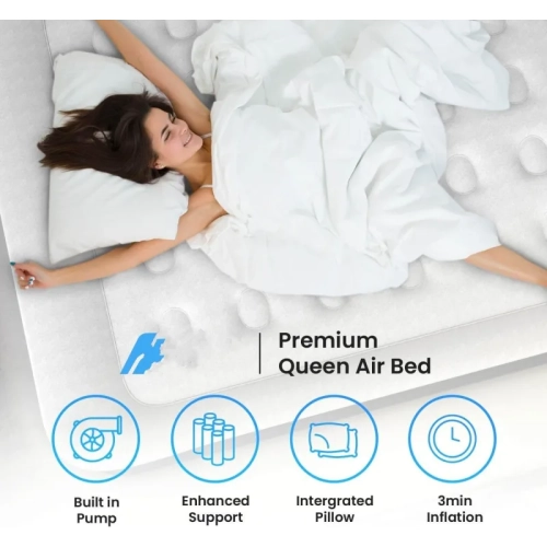 Premium Queen Air Mattress - Elevated Double Bed with Built-in Pump, Raised Pillow, Structured Air-Coil Technology, 20" Height