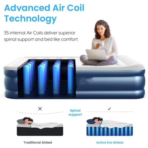 Premium Queen Air Mattress - Elevated Double Bed with Built-in Pump, Raised Pillow, Structured Air-Coil Technology, 20" Height