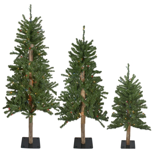 Pre-Lit Slim Alpine Artificial Christmas Trees - 5' - Multicolor Lights -Set of 3