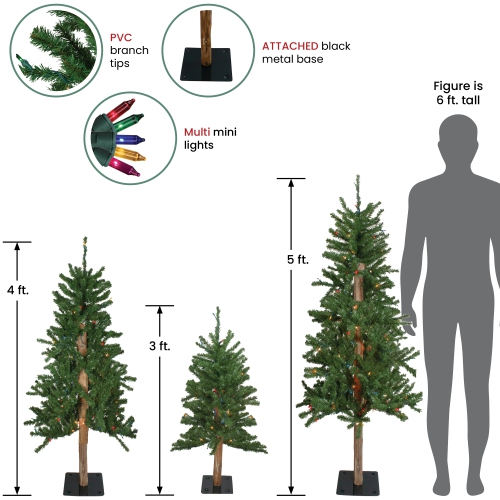 Pre-Lit Slim Alpine Artificial Christmas Trees - 5' - Multicolor Lights -Set of 3