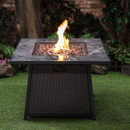 Deko Living 35 Inch Square Outdoor Propane Gas Fire Pit Table 50,000 BTU Heater with Lava Rock Filler