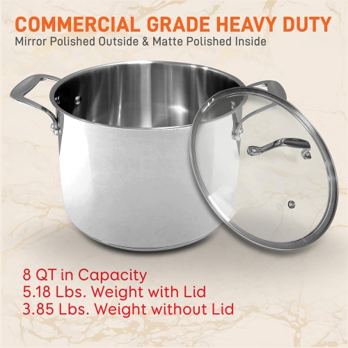 Stainless Steel Cookware Stockpot - 8 Quart, Heavy Duty Induction Pot, Soup Pot With Lid