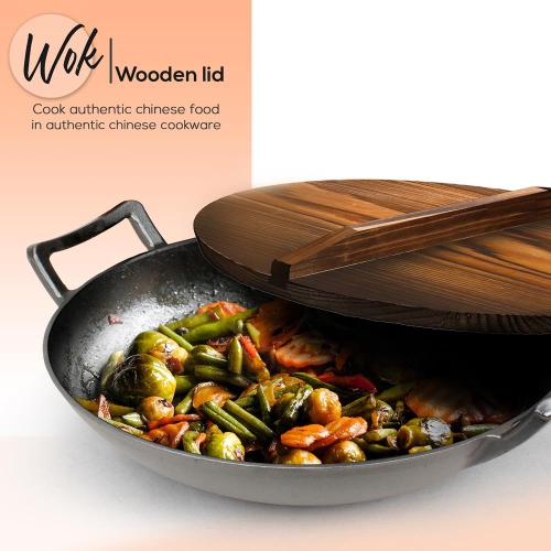 Pre-Seasoned Cast Iron Cooking Wok - Cast Iron Stir Fry Wok with Wooden Lid