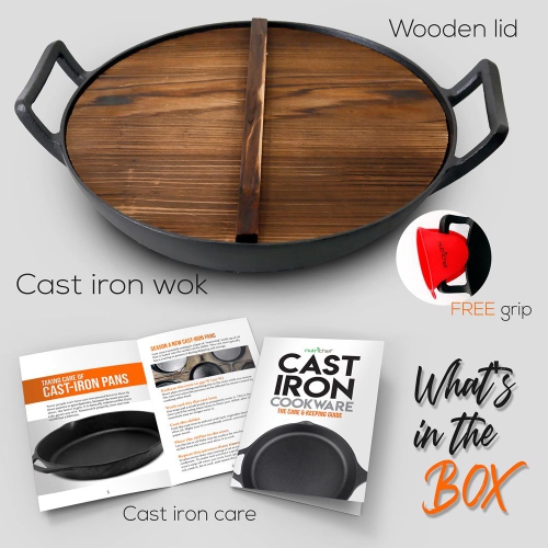 Pre-Seasoned Cast Iron Cooking Wok - Cast Iron Stir Fry Wok with Wooden Lid