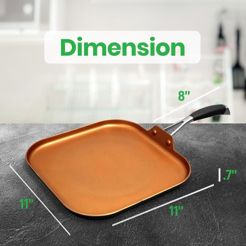 Griddle Pan - 3 Layers Copper Non-Stick Coating Inside, Hard-Anodized Looking Heat Resistant Lacquer Outside