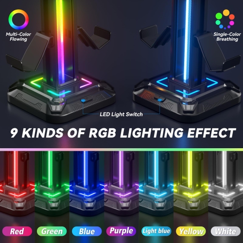 RGB Headset Stand with 9 Light Modes - Gaming Controller Holder for Desk - Rotatable Headphone Stand & Detachable Controller