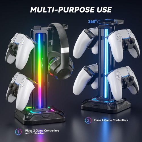 RGB Headset Stand with 9 Light Modes - Gaming Controller Holder for Desk - Rotatable Headphone Stand & Detachable Controller