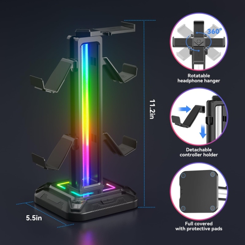 RGB Headset Stand with 9 Light Modes - Gaming Controller Holder for Desk - Rotatable Headphone Stand & Detachable Controller